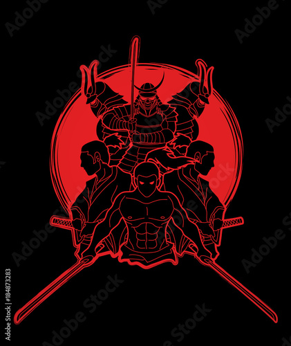 Group of Samurai, Ready to fight action cartoon designed on sunlight graphic vector