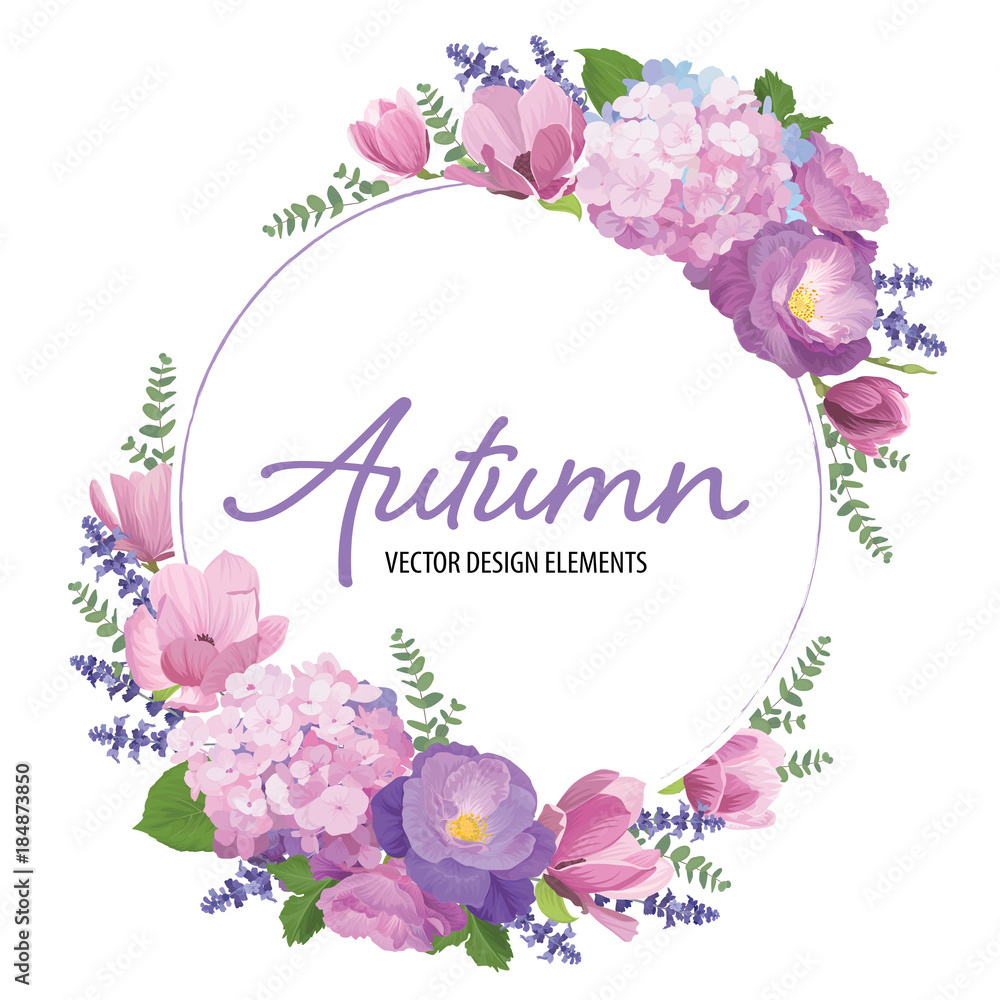 Fototapeta premium Floral frame with autumn hydrangea flowers, rose, magnolia and lavender on white background. Vector set of blooming floral for wedding invitations and greeting card design. 