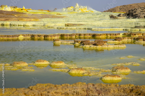 Dalol  Dankakil Depression.  Volcanic hot springs of Ethiopia. Earth   s lowest land volcano.  The craters contains hot springs that boast a whole range of otherworldly colours  including neon yellow.