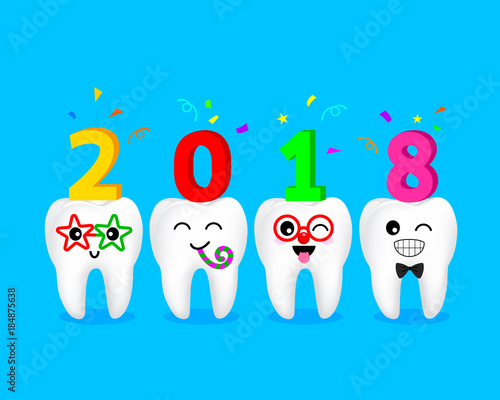 Cute cartoon tooth character set. Happy new year of twenty eighteen. Dental care concept.  Illustration isolated on blue background.