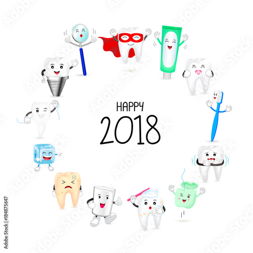 Cute cartoon tooth character set on circle shape. Happy new year of twenty eighteen. Dental care concept.  Illustration isolated on white background.