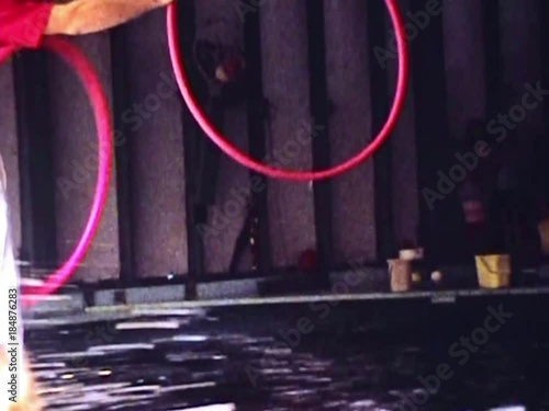 Dolphins jumping out of pool through hoop at Sealand summer tourist attraction on Cape Cod in 1971