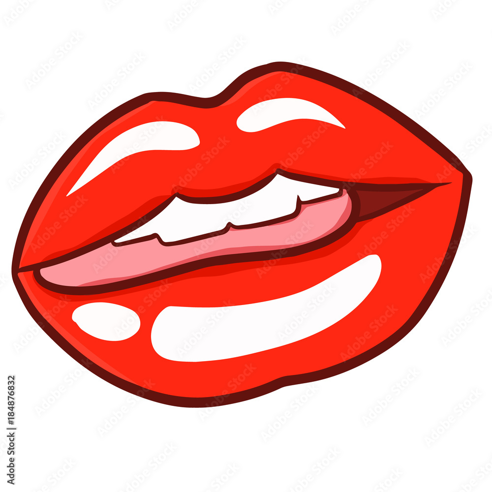 Cute and funny sexy red woman lip biting the tongue - vector.