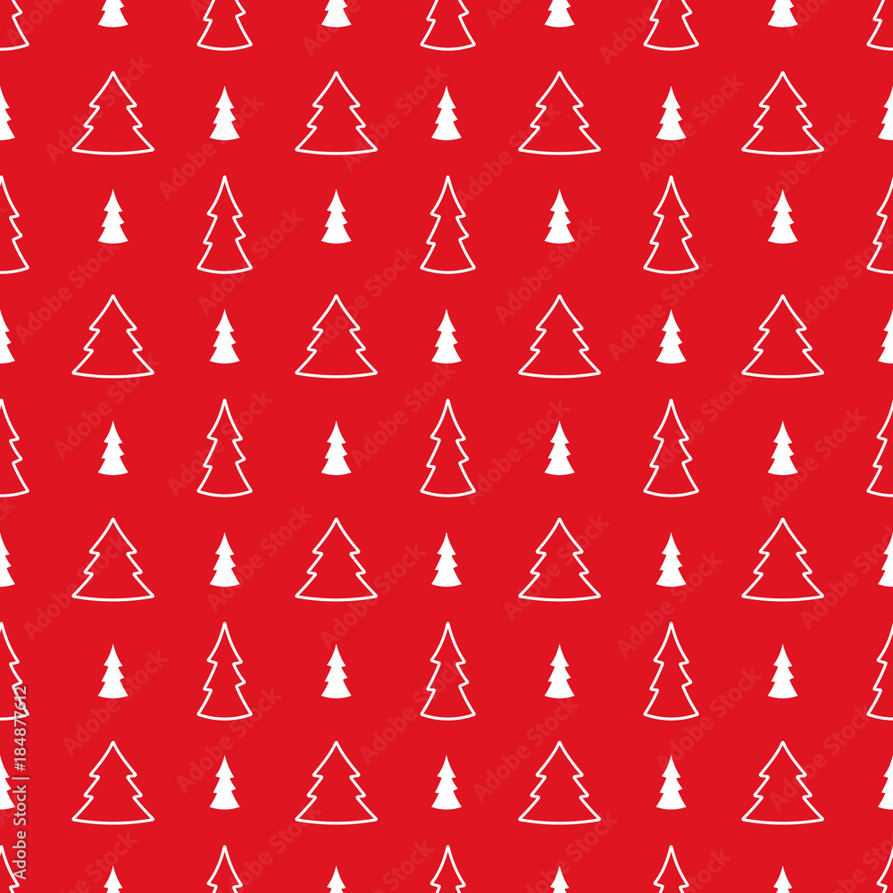 Obraz premium Red christmas wrapping paper seamless pattern. White firs on the red background