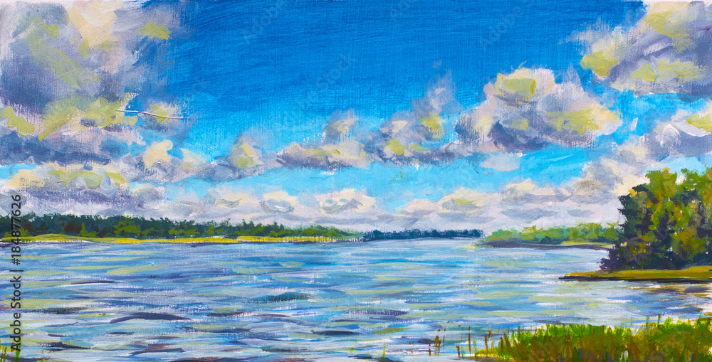 Fototapeta premium Original oil painting Beautiful purple river, Large clouds against blue sky, green river banks. Landscape is summer on the water. Nature. Russian lake. impressionism painting.