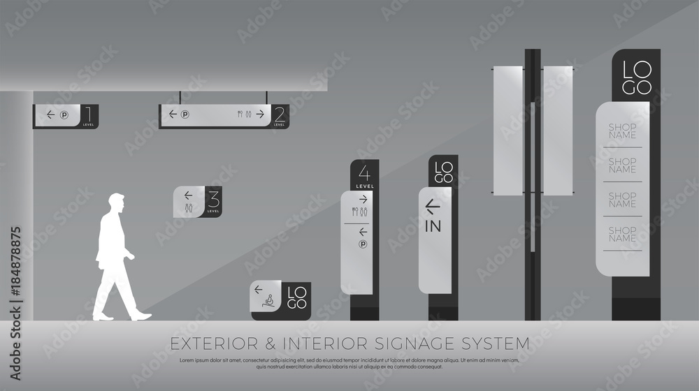 exterior and interior signage. direction, pole, wall mount and traffic