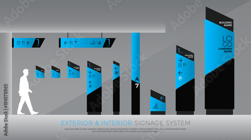 exterior and interior signage blue graphic. direction, pole, wall mount and traffic signage system design template set. empty space for logo, text, color corporate identity