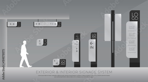 exterior and interior signage. direction, pole, wall mount and traffic signage system design template set. empty space for logo, text, color corporate identity