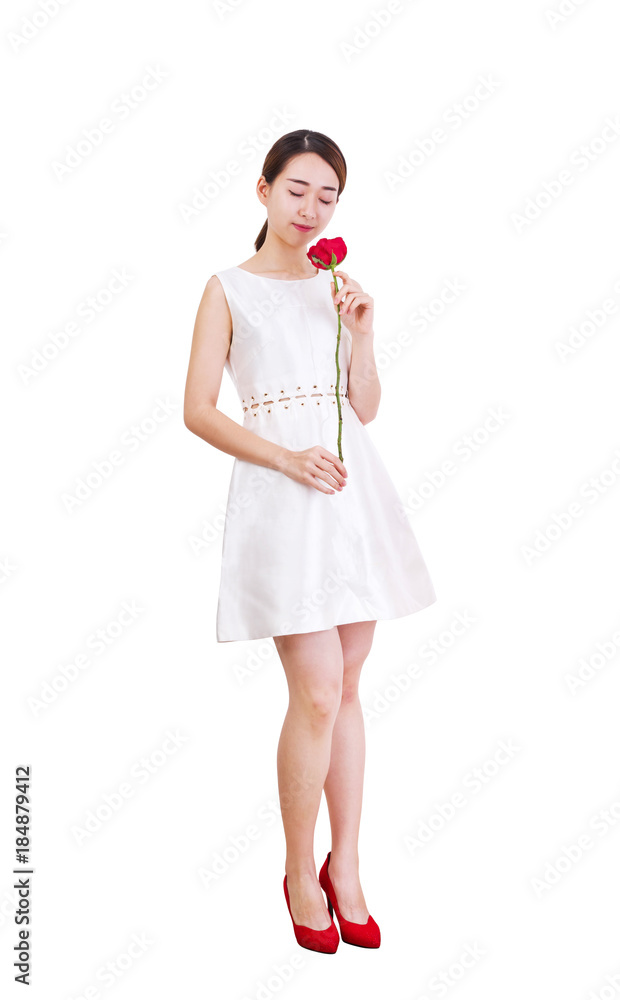 Portrait of a beautiful young woman holding red rose flower. Portrait of a beautiful young woman holding red rose flower.