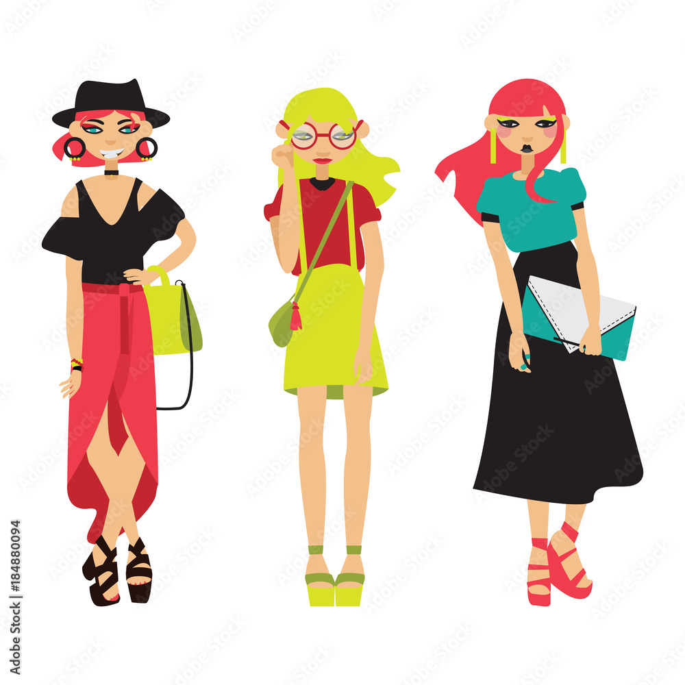 Fashion girls in bright colors. Set of young women in summer clothes with bags, in skirts. Vector collection Fashion girls in bright colors. Set of young women in summer clothes with bags, in skirts. Vector collection