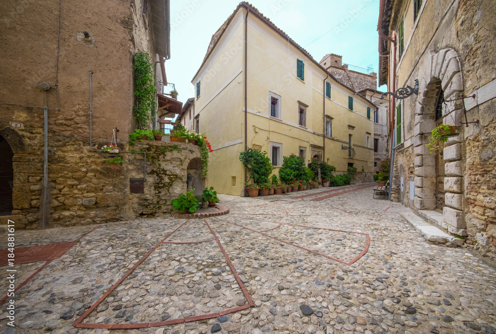 Castelnuovo di Farfa, Italy - A very little medieval town in province of Rieti, Lazio region, central Italy. Here in particular the nice historic center in stone
