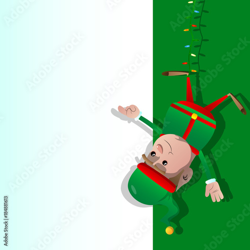 Elf hanging upside down and pointing at a blank banner. Vector cartoon character illustration.