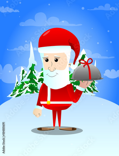 Santa Claus with silver cloche in hand. Vector cartoon character illustration.