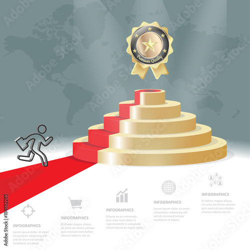 Five staircase strategy steps to goal, businessman is running on red carpet to award podium golden badge. Vector business successful concepts infographics template.