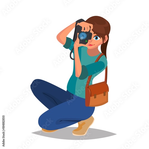 Photographer Woman Vector. Photo Equipment. Camera. Studio Photography. Isolated Flat Cartoon Character Illustration