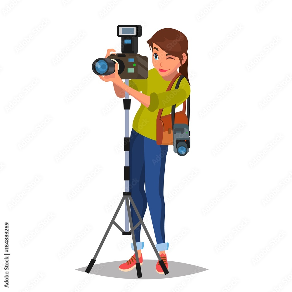 Young Female Photographer Vector. Take A Photo. Photographic Equipment. Holding A Camera. Isolated On White Cartoon Character Illustration