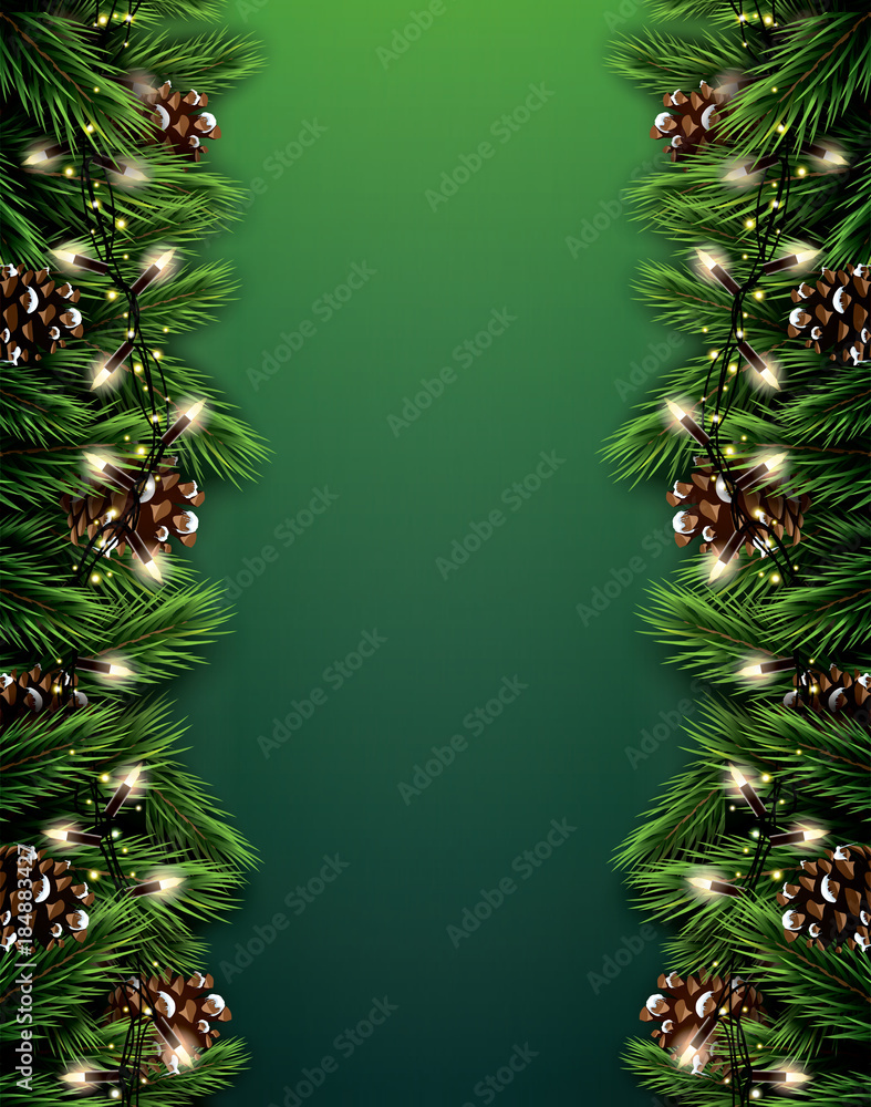 Fir Branch with Neon Lights and Pine Cone on Green Background. Merry Christmas. Happy New Year. Fir Branch with Neon Lights and Pine Cone on Green Background. Merry Christmas. Happy New Year.