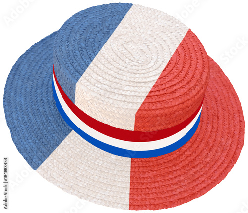 chapeau de paille cocorico bleu blanc rouge , canotier Maurice Chevalier, fond blanc photo