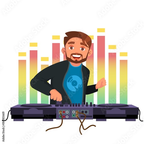 Dj Vector. Playing Disco House Music. Stylish Man. Headphones. Concert Concept. Isolated Flat Cartoon Character Illustration