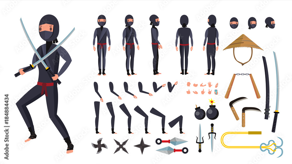 Ninja Vector. Animated Character Creation Set. Ninja Tools Set. Full Length, Front, Side, Back View, Accessories, Poses, Face Emotions, Gestures. Isolated Flat Cartoon Illustration