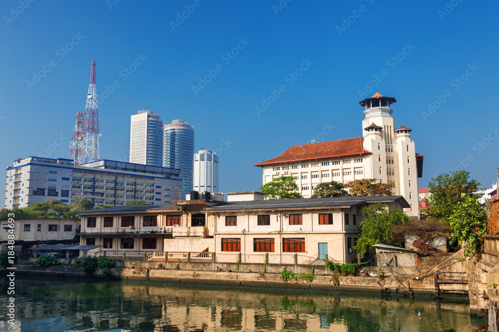 Colombo, Sri Lanka - 11 February 2017: Panoramic view on old Young men's Buddhist assiciation and towers skyscrapers of World Trade from Srilanka Custom's Head office