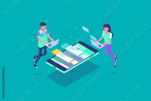 software developer man and woman working building some app and website with new technology (ID: 184884626)