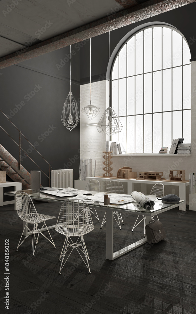 Industrial office with big window, open space, loft interior design, modern minimalist architecture Industrial office with big window, open space, loft interior design, modern minimalist architecture