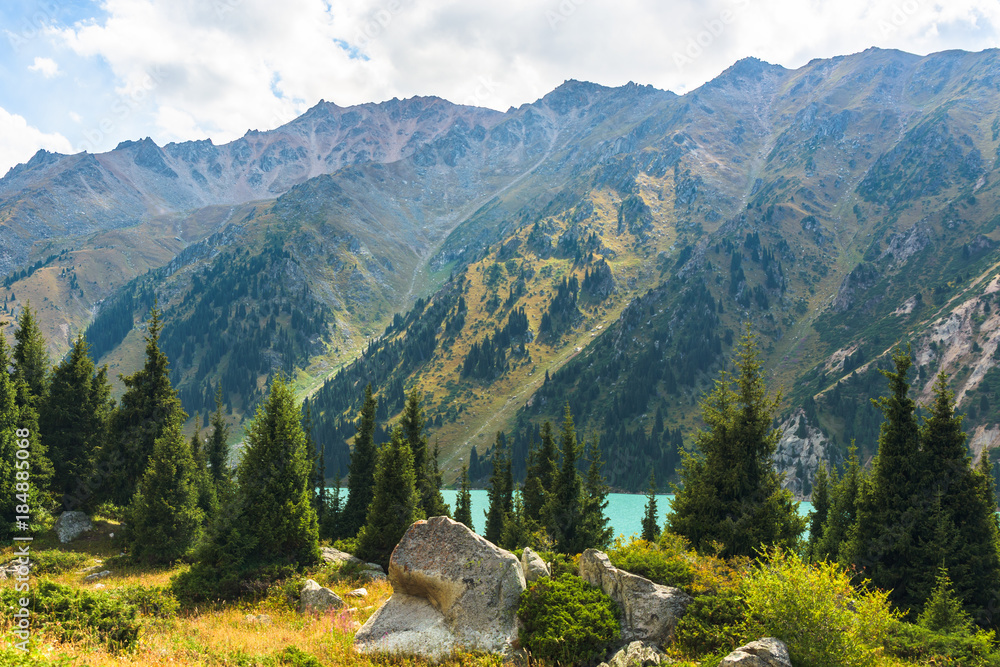 View of the mountains and the Big Almaty lake. Kazakhstan. Tien-Shan Mountains