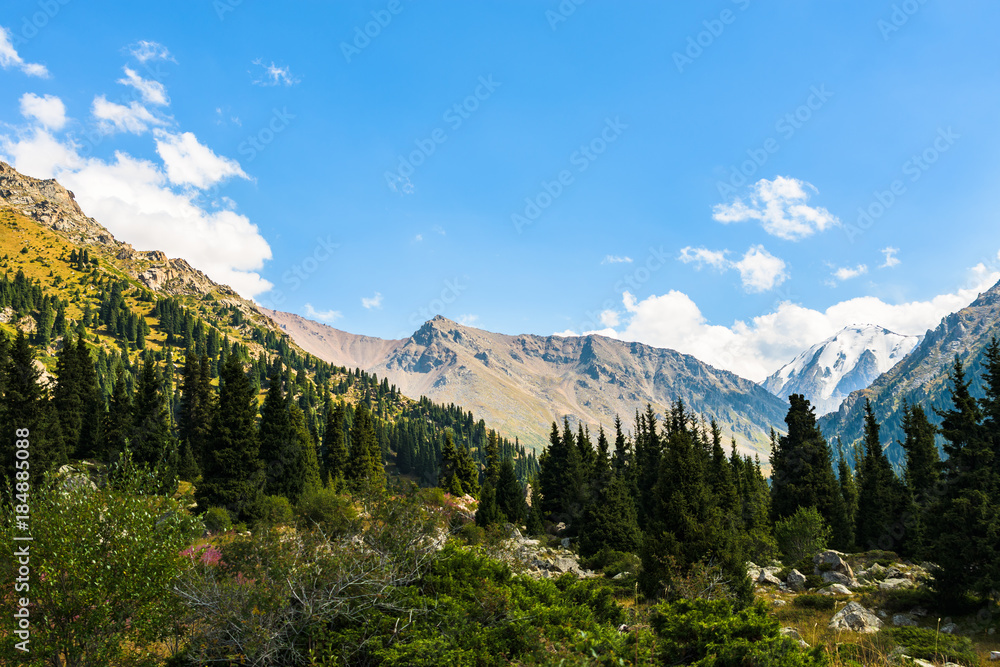 View of the mountains and the Big Almaty lake. Kazakhstan. Tien-Shan Mountains