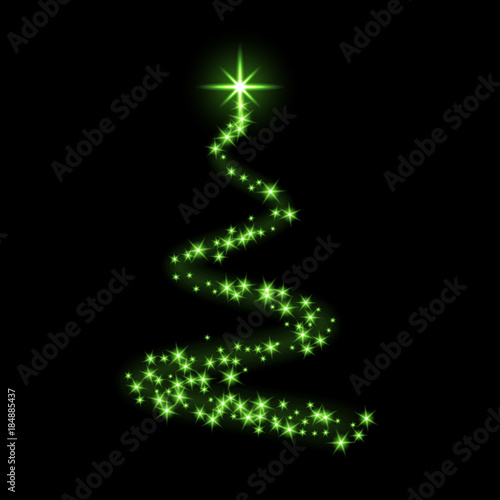 Christmas tree card background. Green Christmas tree as symbol of Happy New Year, Merry Christmas holiday celebration. Sparkle light decoration. Bright shiny design Vector illustration