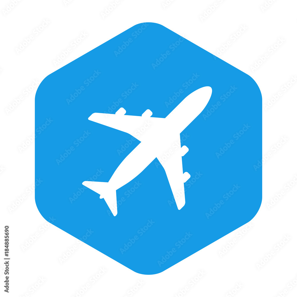 Icono plano avion en hexagono azul