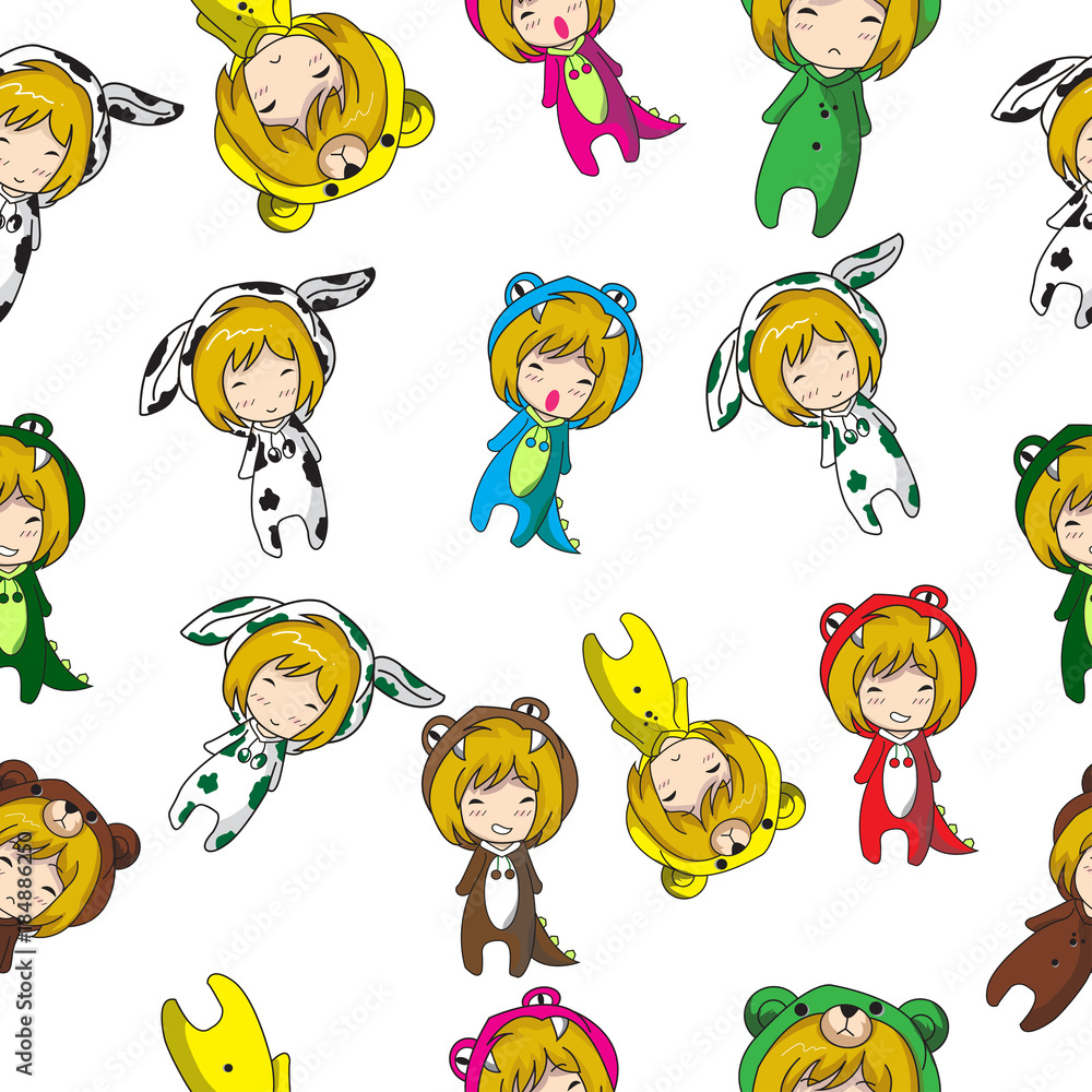 Obraz premium Seamless Pattern Cartoon vector hand drawn Doodles Girl character design Mascot animal