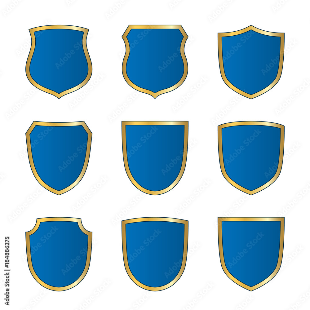 Gold-blue shield shape icons set. Bright logo emblem sign isolated on white background. Empty shape shield. Symbol of security, protection, defense. Shiny element design. Vector illustration Gold-blue shield shape icons set. Bright logo emblem sign isolated on white background. Empty shape shield. Symbol of security, protection, defense. Shiny element design. Vector illustration