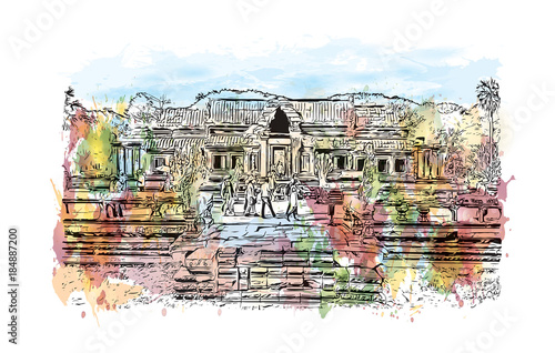 Angkor Wat Temple, Cambodia. Watercolor splash with hand drawn sketch illustration in vector 