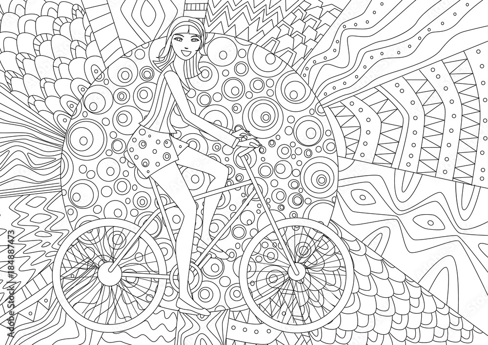 Happy girl is riding on a bicycle for coloring book