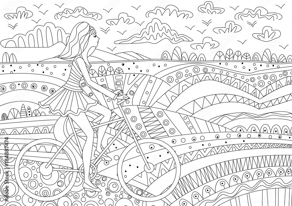 Obraz premium Fashion girl is riding on a bicycle for coloring book