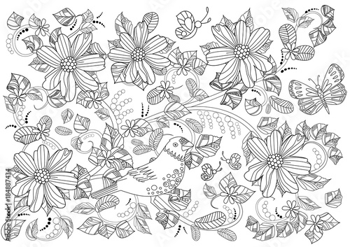 ornament with floral swirls and flowers for coloring book