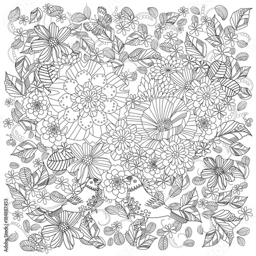 fancy flower garden with couple of cute birds for your coloring