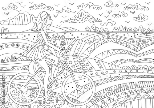Fashion girl is riding on a bicycle for coloring book