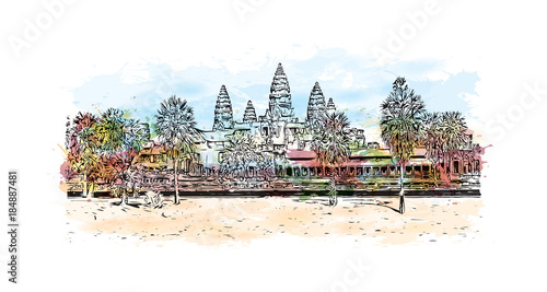 Angkor Wat Temple, Cambodia. Watercolor splash with hand drawn sketch illustration in vector 