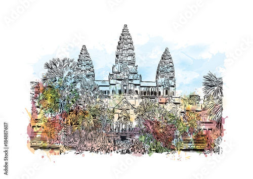 Angkor Wat Temple, Cambodia. Watercolor splash with hand drawn sketch illustration in vector 