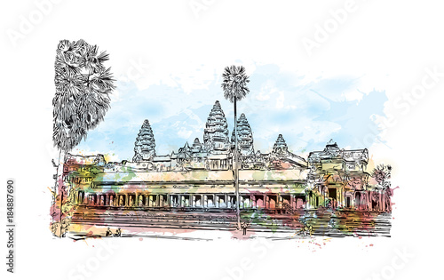 Angkor Wat Temple, Cambodia. Watercolor splash with hand drawn sketch illustration in vector 