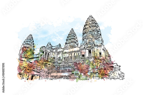 Angkor Wat Temple, Cambodia. Watercolor splash with hand drawn sketch illustration in vector 