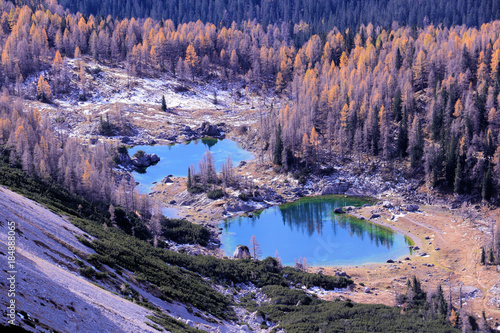 two of the Triglav Lake with yellow larch trees 