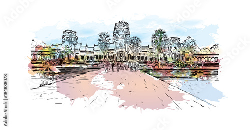 Angkor Wat Temple, Cambodia. Watercolor splash with hand drawn sketch illustration in vector 