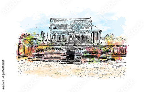 Angkor Wat Temple, Cambodia. Watercolor splash with hand drawn sketch illustration in vector 