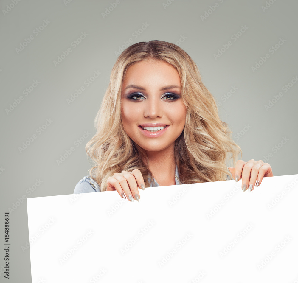 Naklejka premium Happy Blonde Woman Fashion Model with White Paper Banner Background