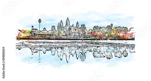 Angkor Wat Temple, Cambodia. Watercolor splash with hand drawn sketch illustration in vector 