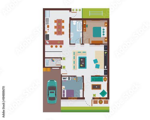 Flat Modern Family House Interior And Room Spaces From Top View Illustration Showing Living Room, Dining Room, Kitchen, Bedroom, Family Room, and Garage.