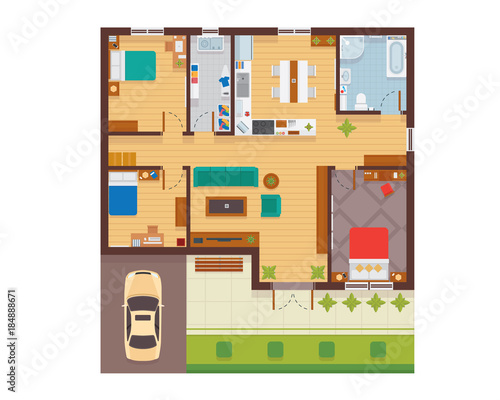 Flat Modern Family House Interior And Room Spaces From Top View Illustration Showing Living Room, Dining Room, Kitchen, Bedroom, Family Room, and Garage.
